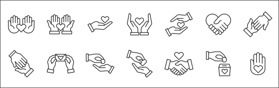 Aids icons. Charity and donation icon set. Charity hands icon. Giving hand sign. Helping hand symbol. Vector stock illustration. Collection contains symbol of volunteer, donating, compassion, funding