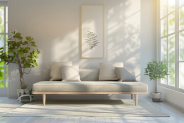 Blurred view of light living room with sofa and soft bench - Generative ai