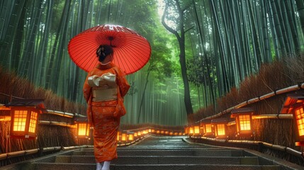 Colorful Japanese woman in kimono holding an umbrella walking up the stairs of a bamboo forest,...