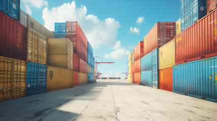 Lot of two side colorful Shipping Containers in Cargo Port under blue sky 