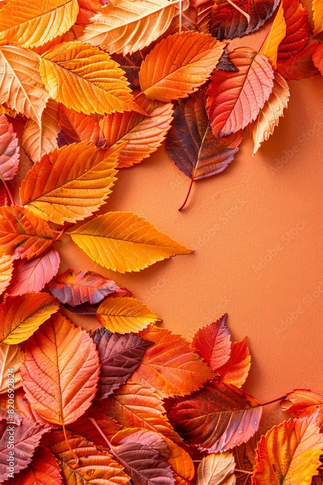 Poster autumn foliage viewed from above on orange background with generous room for accommodating text