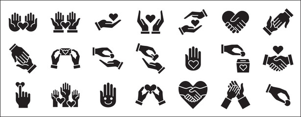 Charity and donation icon set. Aids icons. Charity hands icon. Giving hand sign. Helping hand symbol. Vector stock illustration in flat style design for user interface and buttons resource.
