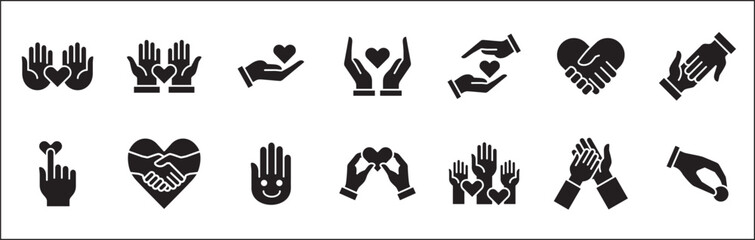 Charity and donation icon set. Charity hands icon. Aids icons. Giving hand sign. Helping hand symbol. Vector stock illustration in flat style design for user interface and buttons resource.
