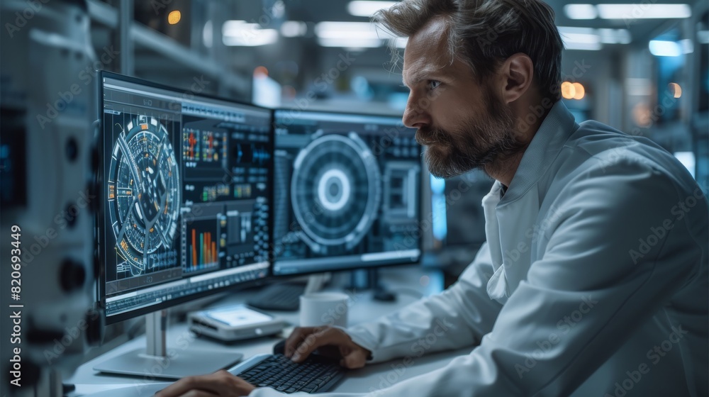 Poster A man displaying a machine that works on a computer screen, in the style of sci-fi environments, light gray, real engine, precision engineering. Generative AI.