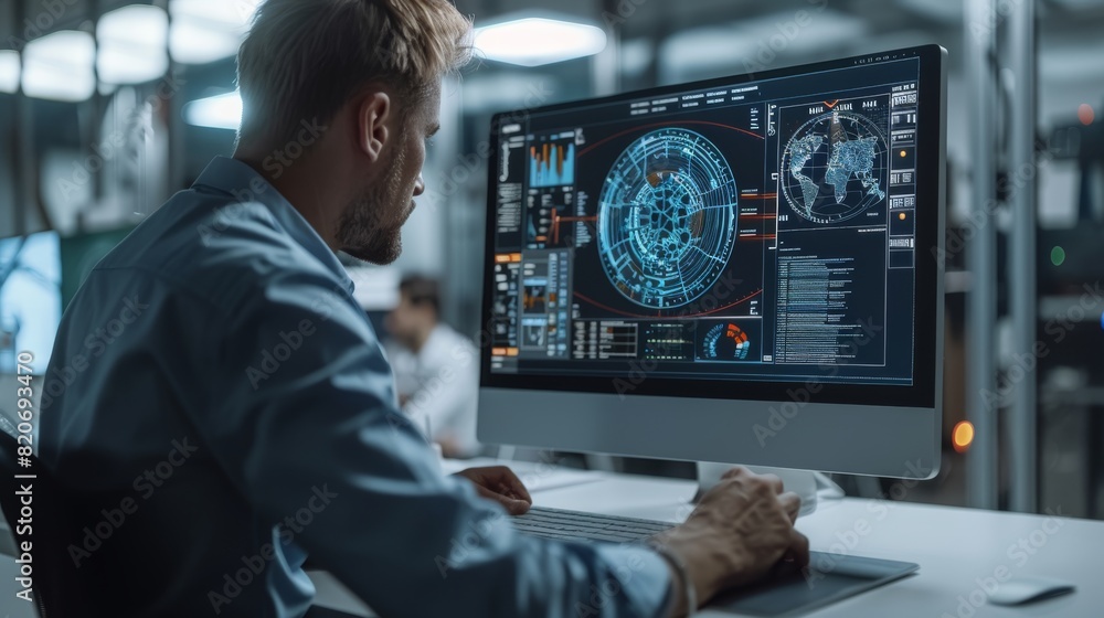 Poster A man displaying a machine that works on a computer screen, in the style of sci-fi environments, light gray, real engine, precision engineering. Generative AI.