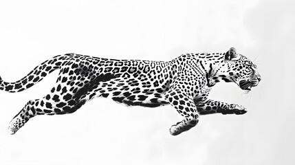Fototapeta premium Jumping leopard black and white ink illustration isolated on white background
