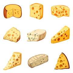 A set of cheeses.Cheddar, mozzarella, maasdam, brie, roquefort, gouda, parmesan.