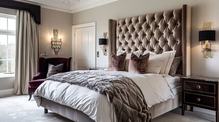 A bedroom with a luxurious, oversized upholstered headboard, elegant sconces, and a plush velvet armchair