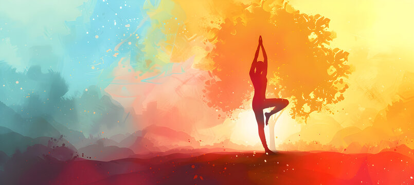 Banner for the International Day of Yoga, June 21. Female silhouette in tree pose on an abstract bright background with copy space. Meditation and yoga concept. Vector images