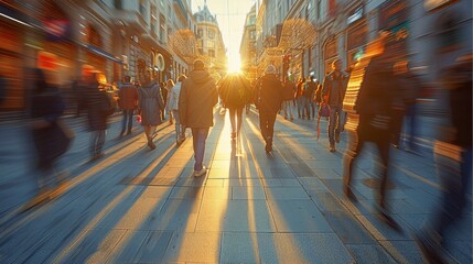 Pedestrian walkway, lively and energetic, people in motion. Generative AI.