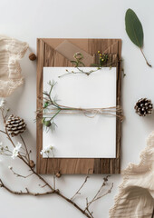 Mock up, Invitation paper, flowers, white background, brown style, bronze style, minimalist, canvases, white, brown, top view, texture-rich, stationery, floral arrangement, elegant, sophisticated