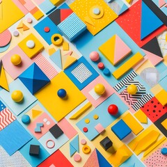 AI Generate of Background texture of Fashion Papers in Memphis Geometry Style. Yellow, blue, light blue, red and pastel pink colors. Top view, flat lay.