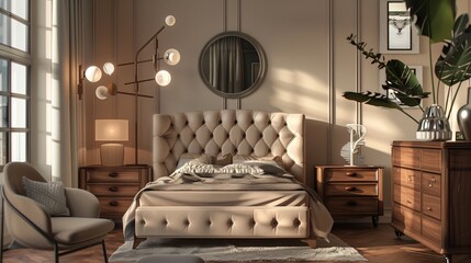 A bedroom with a luxurious, tufted headboard, a stylish dresser, and a modern, sculptural floor lamp