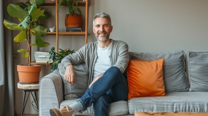 Fototapeta premium Smiling Man Seated on Sofa
