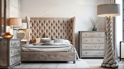 A bedroom with a luxurious, tufted headboard, a stylish dresser, and a modern, sculptural floor lamp