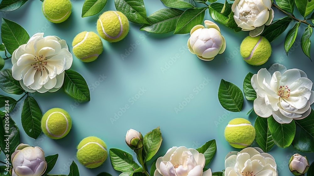 Poster bright, copy space, space for text light pastel ocean background with a frame of gardenia, tennis ba