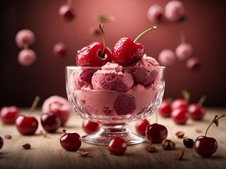Refreshing cherry gelato ice cream in the icecream glass, cinematic food dessert photography 