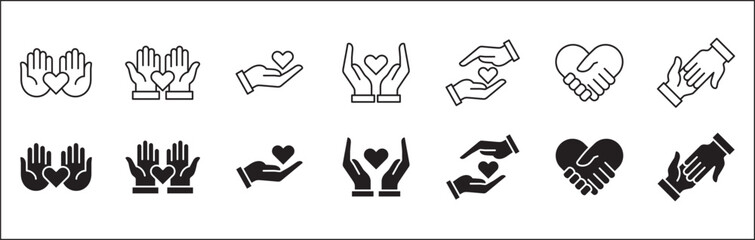 Charity and donation icon set. Aids icons. Charity hands icon. Giving hand sign. Helping hand symbol. Vector stock illustration flat and outline style design resource for button and website.