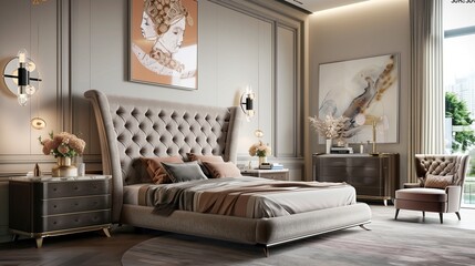 A bedroom with a luxurious, upholstered bed frame, a stylish dresser, and a contemporary art piece