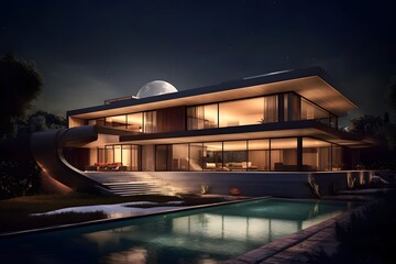 3d rendering of modern cozy house by the river with garage and pool for sale or rent. Clear summer night with many stars on the sky.