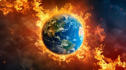Earth Surrounded by Flames Highlighting Global Warming and Climate Change 