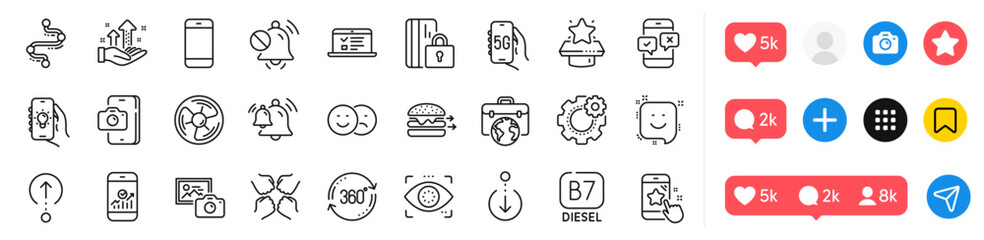 Analysis graph, Phone survey and Smile line icons pack. Social media icons. Swipe up, Cogwheel, Phone photo web icon. Photo camera, Squad, Like pictogram. Smartphone, Electric app, Diesel. Vector