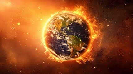 Fototapeta premium Earth Surrounded by Flames Highlighting Global Warming and Climate Change 