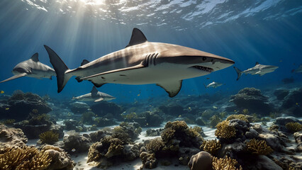 Sharks swimming along coral reefs