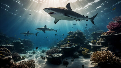 Fototapeta premium Sharks swimming along coral reefs