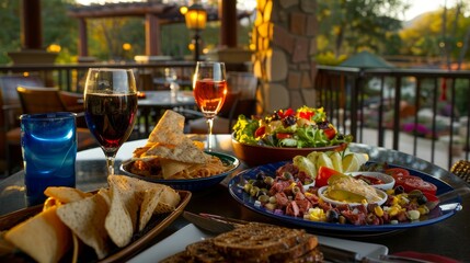 Obraz premium Table adorned with plates of food, wine glasses, a salad bowl, and a glass of wine