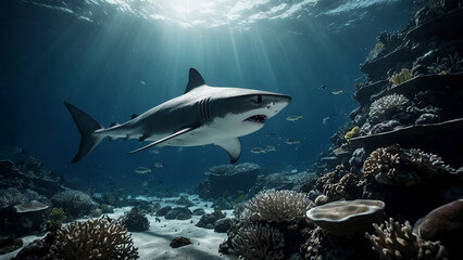 Fototapeta premium Sharks swimming along coral reefs