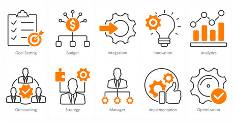 A set of 10 project management icons as goal setting, budget, integration