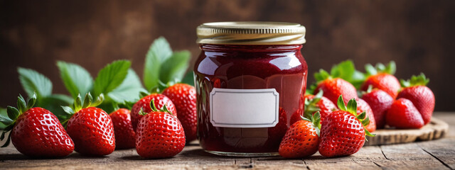 Jar of strawberry jam with strawberries on the wooden table. Sweet and summery strawberry jam preserved in a jar. Jam jar mockup, jar tag for text and logo. - Powered by Adobe