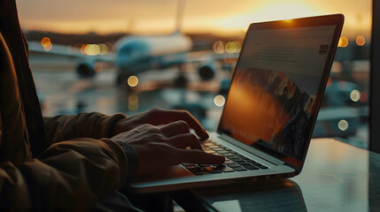 Man typing on laptop with airport background