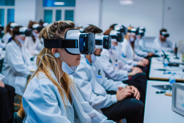 Group of medical students wearing VR glasses in a classroom setting, studying. Concept of virtual reality technology aid in medicine. Selective focus.