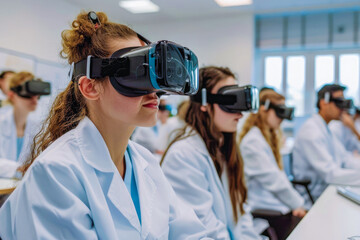 Medical students studying with virtual reality glasses in a classroom. Concept of VR technology assistance in medicine. Selective focus.
