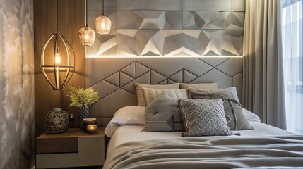 A bedroom with a modern, geometric headboard, a stylish bedside table, and a chic, pendant light