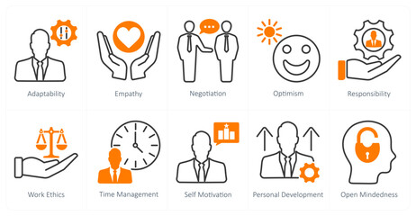 A set of 10 soft skills icons as adaptability, empathy, negotiation