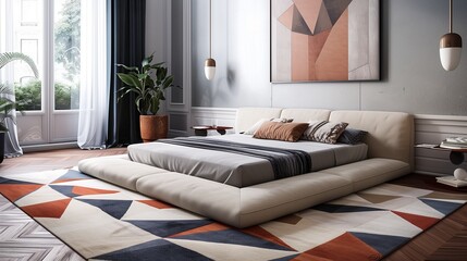 A bedroom with a modern, geometric rug, a low-profile bed, and a statement piece of wall art