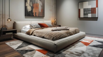 A bedroom with a modern, geometric rug, a low-profile bed, and a statement piece of wall art
