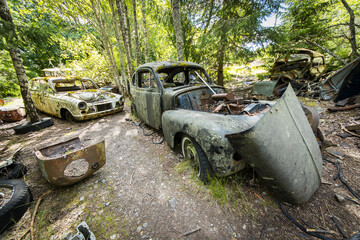 Forgotten combustion car cemetery in a forest