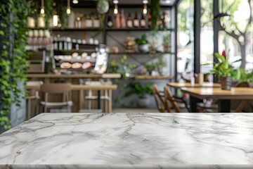 Obraz premium Bokeh effect in an office interior with marble stone tabletop for product display. Concept Bokeh Effect, Office Interior, Marble Stone Tabletop, Product Display, Photography