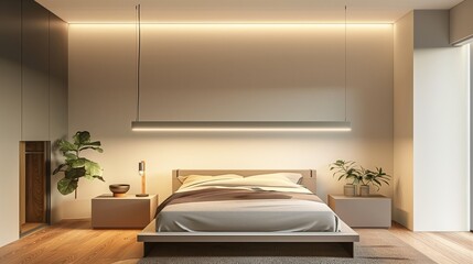 A bedroom with a modern, suspended ceiling light, a sleek bed frame, and a minimalist nightstand