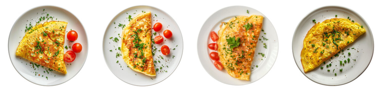 Omelette, plate, top view, isolated, PNG set