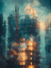 A tall building under construction with a beautiful foggy atmosphere.