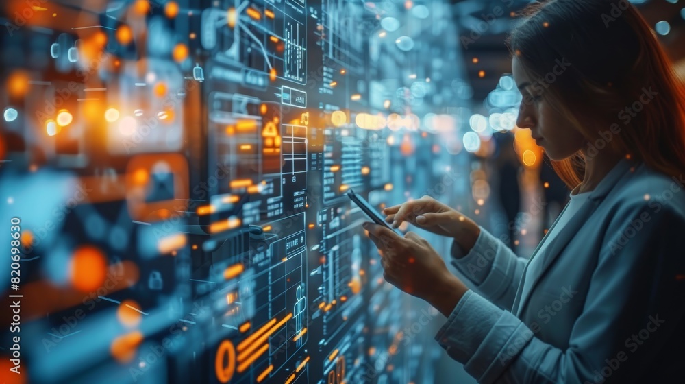 Poster Professional analyzing business data on a smartphone, technology interface overlay. Generative AI.