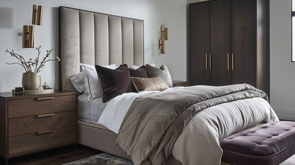 A bedroom with a modern, wall-mounted headboard, a chic dresser, and a plush, velvet throw pillow