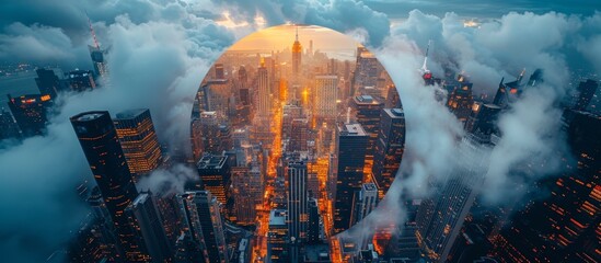 Cityscape Panorama with Architectural Structures and Luminous Celestial Halo in Dramatic Low Angle View - Digital Conceptual Illustration - Powered by Adobe
