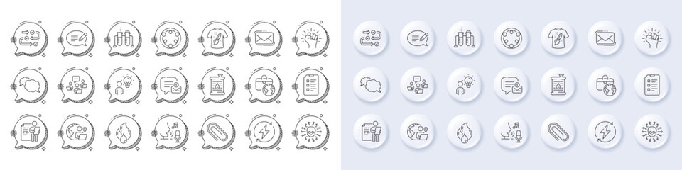 Flammable fuel, Messenger and New message line icons. White pin 3d buttons, chat bubbles icons. Pack of Group people, Global business, Outsource work icon. Vector