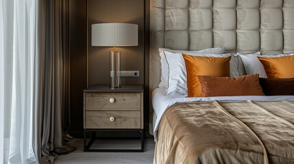 A bedroom with a modern, wall-mounted headboard, a stylish nightstand, and a plush, velvet bedspread